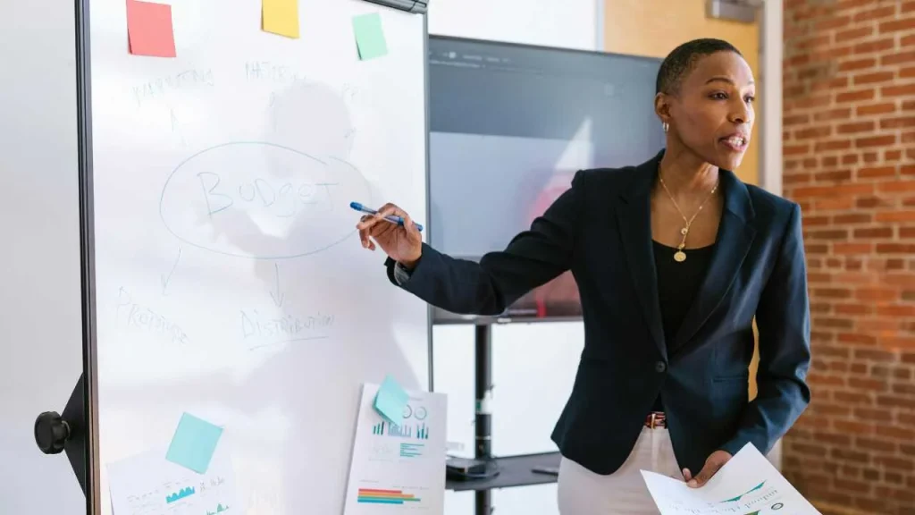 A lady presenting on a white board