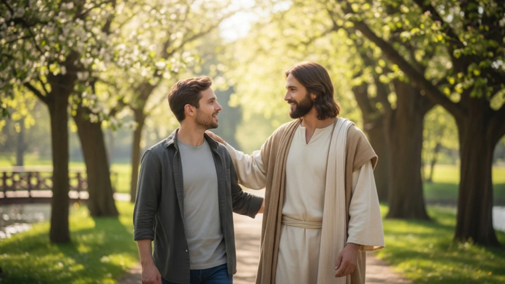 A young man talking with a man who depicts Christ on a walk way.