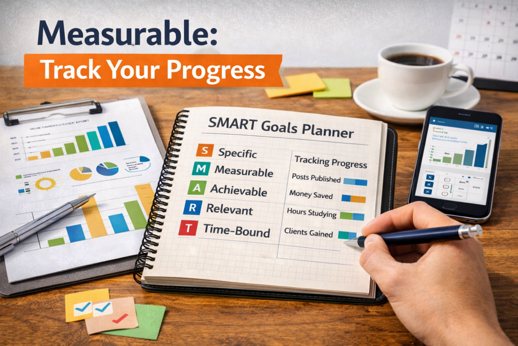 A diagram showing measurable goals as one of the metrics in SMART Goals Planner