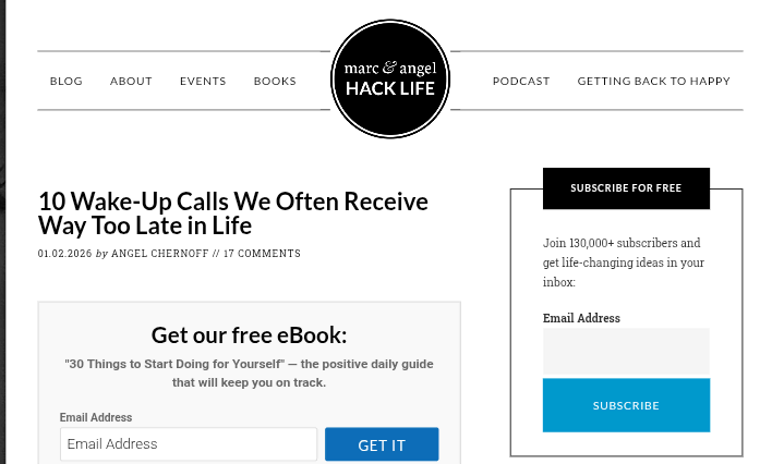 Marc and Angel Life hack blog homepage 