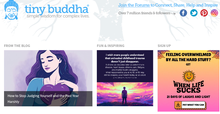 Tiny Buddha blog homepage 