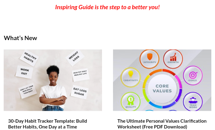 Inspiring Guide blog homepage, a personal development blog 