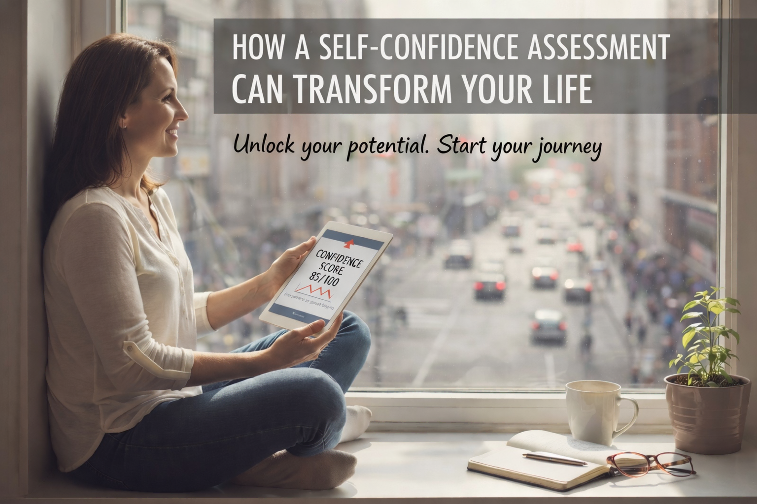 A woman reading a Self-confidence assessment guide