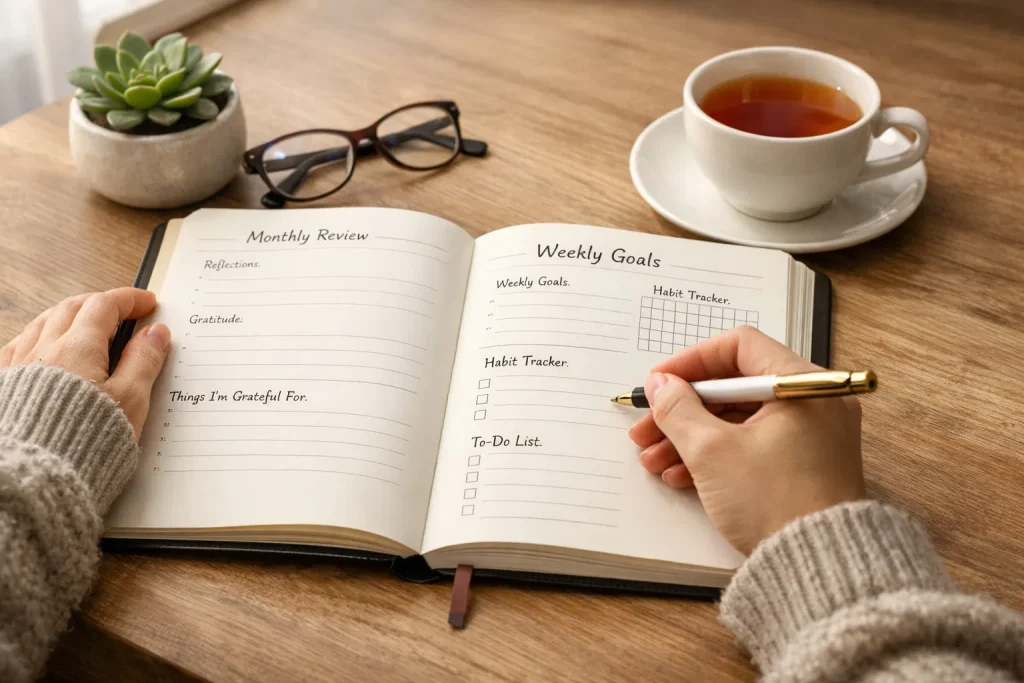 What to expect in a personal growth planner. A hand writing in a journal 