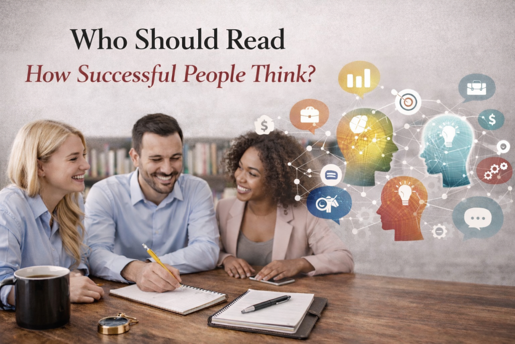 A group of people reading depicting who should read the book; how successful people think