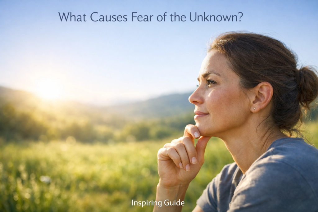 A lady in a thinking position depicting what causes the fear of the unknown 