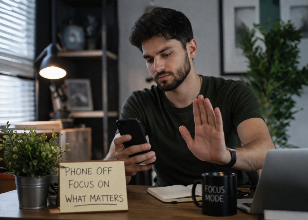 A man stretching his hand forward and a note saying say no to doomscrolling 